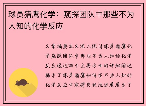 球员猎鹰化学：窥探团队中那些不为人知的化学反应